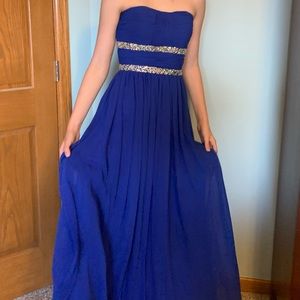 Prom Dress, Blue with Glass Sequined Bodice, Flowy A-line Strapless Full…